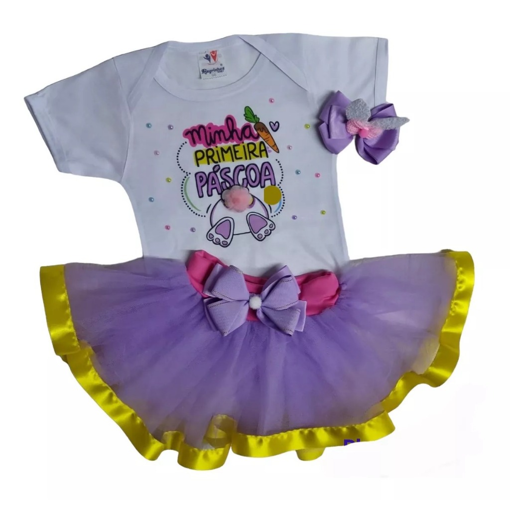 Conjunto Infantil Mesversário Roupa Bebê Menina Minha Primeira Páscoa Saia Tutu, Body Temático E Laço Coelhinho