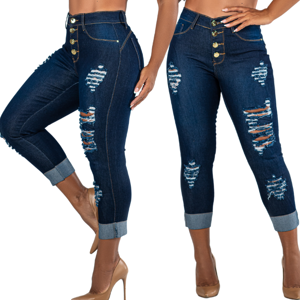 Calça Jeans Feminina Modelo Capri Botoes Com Elastano Modelo Empina Bumbum Detale Rasgado