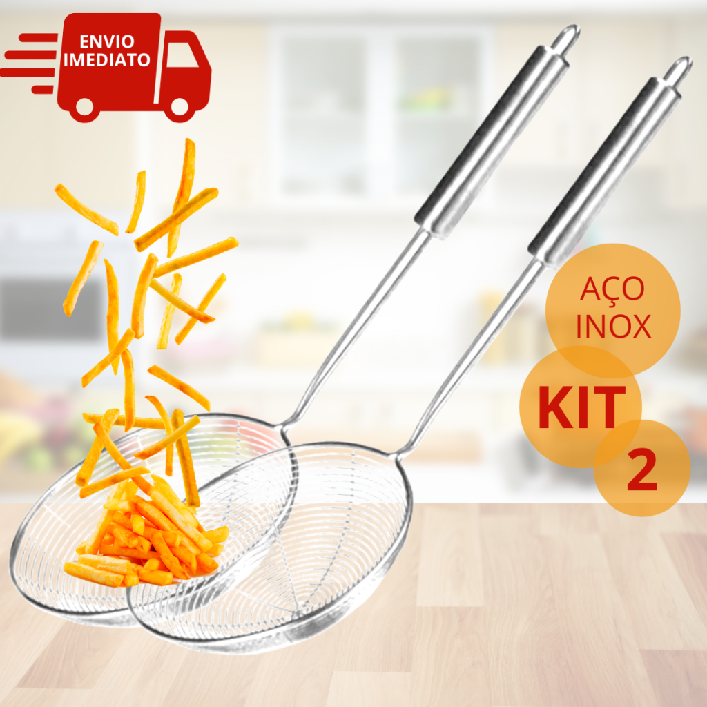 Kit 2 Escumadeira Aramada Peneira Para Frituras Batata Frita Pastel Aço Inox