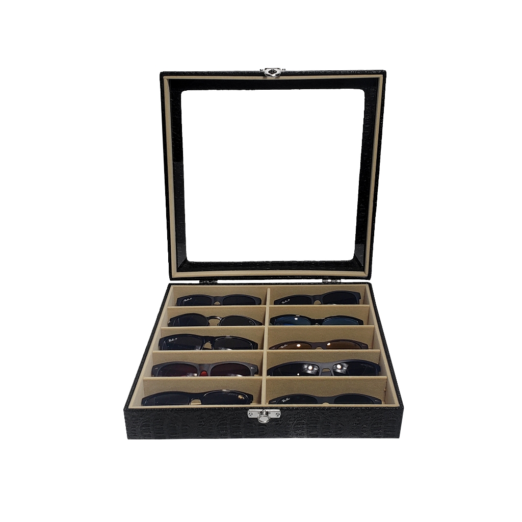 Estojo Porta Óculos 10 Casulos Preto Com Interno Aveludado Bege