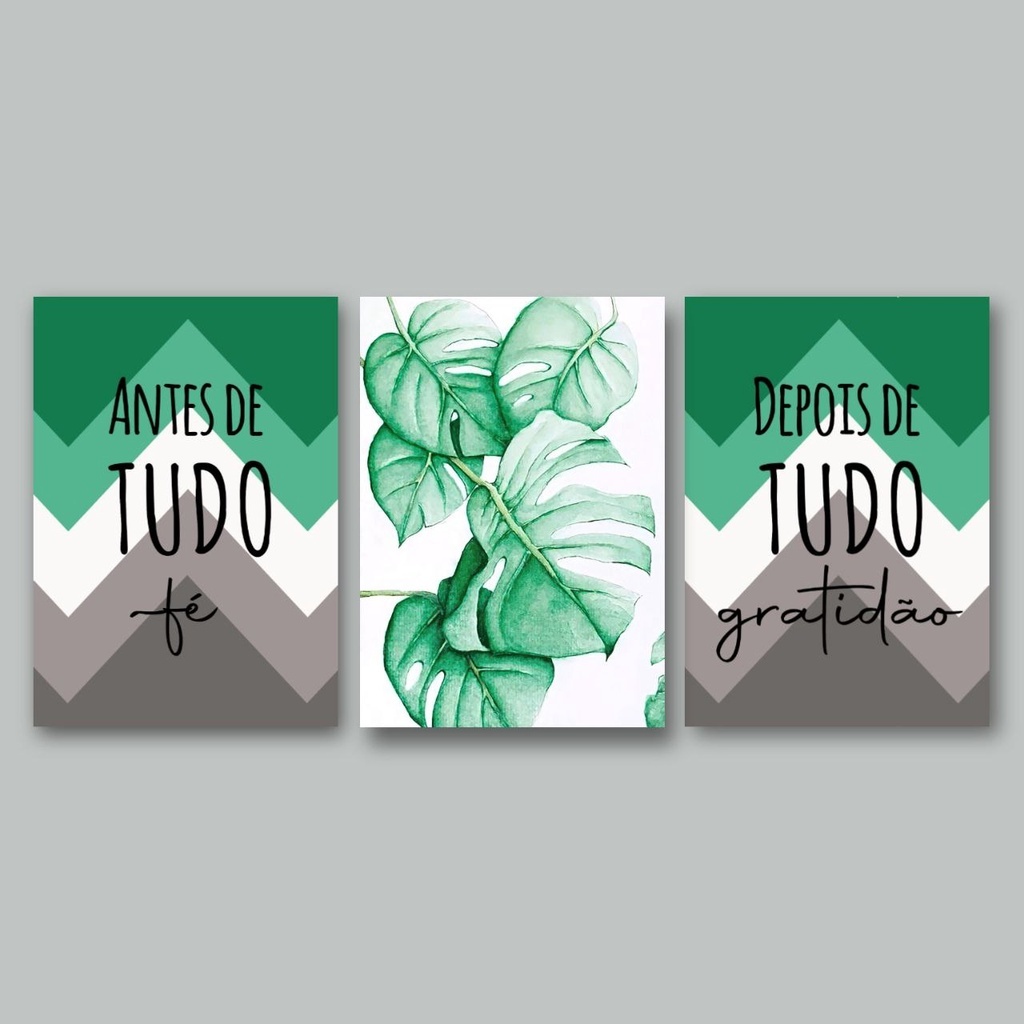 Kit Quadros Decorativos 3 Peças Antes de Tudo Fé Depois de Tudo Gratidão Frase Tropical Folhagem Trio Verde Cinza Religião Religioso Vintage Flor Floral Delicado Decoração Sala Quarto Escritório