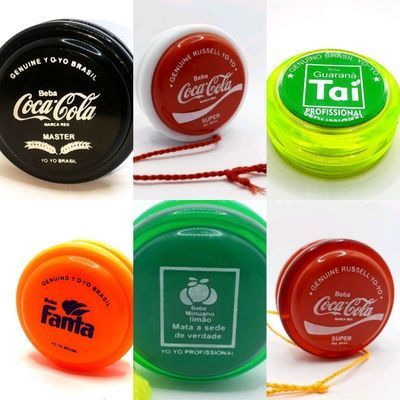 Kit com 6 Yoyos (Io-io , ioio , Yo-yo) de Eixo Fixo Profissional Coca-Cola Minuano Guaraná Taí Fanta Retrô Modelos Coleção Anos 80 Eixo de Madeira + 6 Cordinhas
