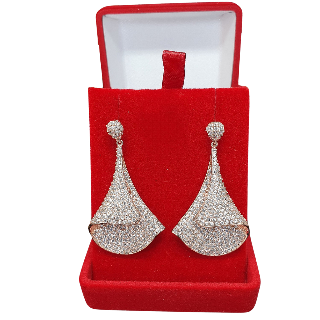 Brincos Femininos Longo Rose Festa Pave Zircônias TR248 Banho Acessórios Noiva Casamento Festa Formatura Bijuterias Femininas