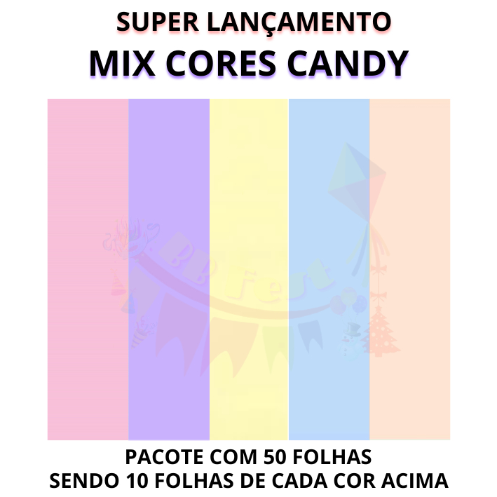Papel de Seda Mix Candy 5 cores 50x35cm Pacote com 50 folhas Lançamento Presente Artesanato