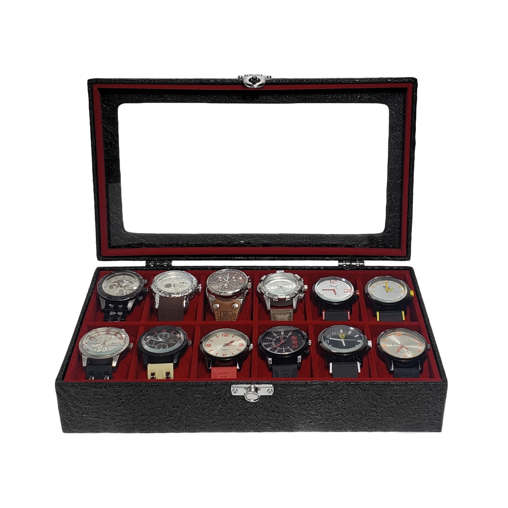 Estojo Para 12 Relógios Preto Com Interno Aveludado Vermelho em Oferta na Shopee