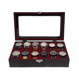Estojo Para 12 Relógios Preto Com Interno Aveludado Vermelho em Oferta na Shopee