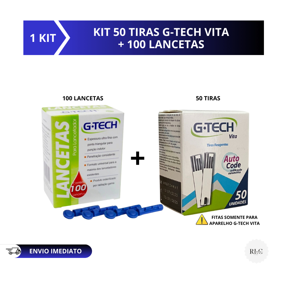 kit 50 Tiras para Medição de Glicose G-tech Vita + 50/100 Lancetas para Lancetador 28g/30g