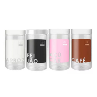 Kit Conjunto 4 Potes Redondo Transparente Com Tampa 1800 ML Cada - Arroz, Feijão, Café e Açúcar