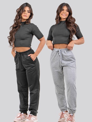 KIT 2 Calças Moletinho Feminina Jogger Bolso Academia Básico Casual em Oferta na Shopee