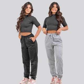 KIT 2 Calça Moletinho Feminina Jogger Bolso Academia Básico Casual