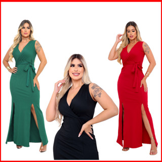 Vestido longo, regata, com cinto, calor, verão, detalhe na perna, fendas, gola V, regulavel, confortavel, tecido não amassa, Lovito, festa, noite, dia a dia, casamento, feminino, adulto- TATIANE