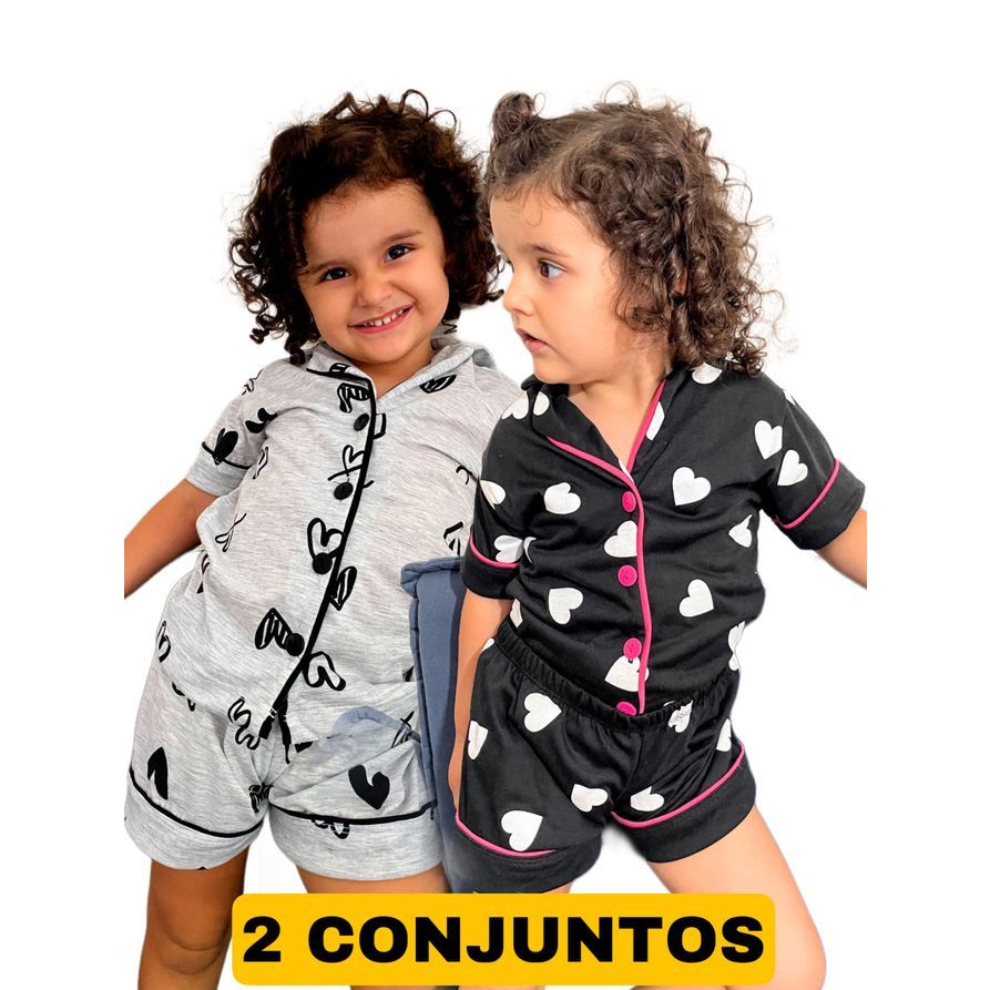 Kit 2 Pijama Infantil De Menina Americano Criança Blusa Short  Blogueira De Botões Verão Curto botão