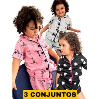 Kit 3 Pijama Americano de Menina Infantil Criança Blusa Short Blogueira De Botões Verão Curto em Oferta na Shopee