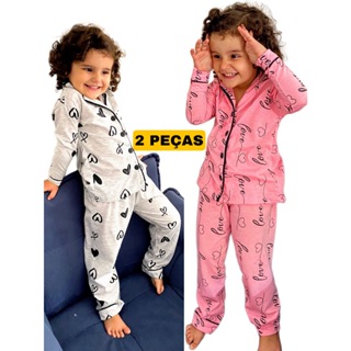 KIT 2 Pijama Infantil De Menina Americano Inverno Criança Blusa e Calça de Frio Botão Manga Comprida em Oferta na Shopee