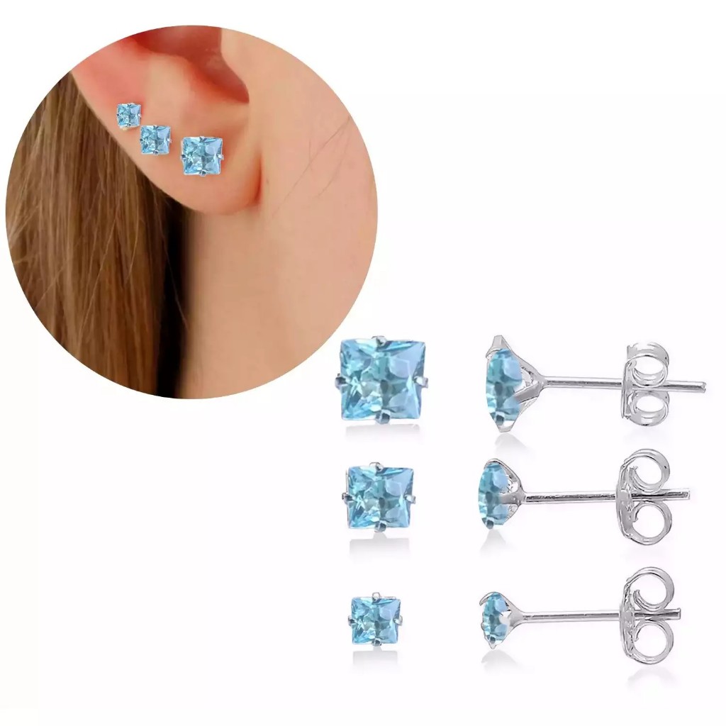Trio de Brincos Carré Azul Turquesa em Prata 925