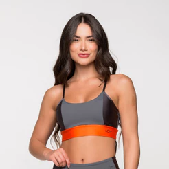 Top Fitness Academia Feminino Poliamida Cinza Com Detalhe Laranja Itália
