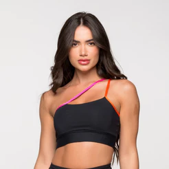 Top Fitness Academia Feminino Poliamida Preto Com Detalhe Rosa e Laranja Ombro Só Nova York