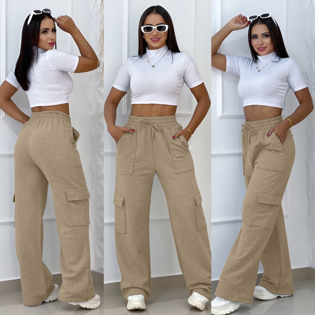 Calça Moletom Flanelada Pantalona Cargo Feminina Estilosa inverno em Oferta na Shopee