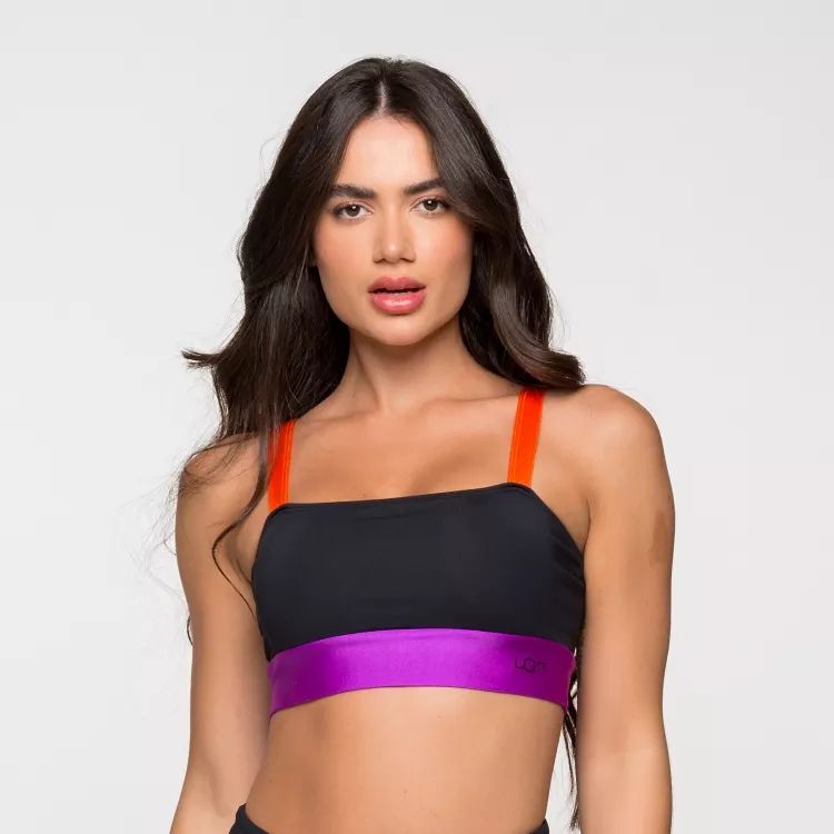 Top Fitness Academia Feminino Poliamida Preto Com Detalhe Roxo e Laranja Paris em Oferta na Shopee