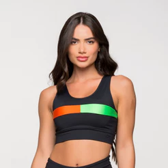 Top Fitness Academia Feminino Poliamida Preto Com Detalhe Verde e Laranja Madri Lot Fitness
