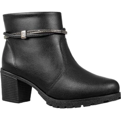 Bota Feminina GiGiL Salto Grosso Baixo Cano Curto Tiras Abauladas Strass Zíper Macio Blogueira