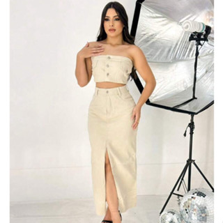 Saia Jeans Longa Feminina Com Fenda Alta Moda Envio Imediato