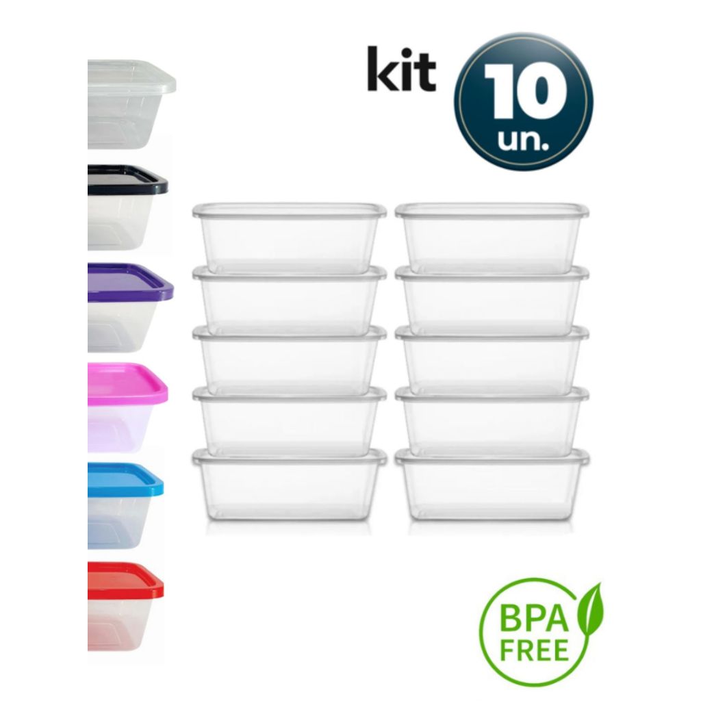 Kit 10 Marmitas Fitness 500ml Freezer E Microondas Potes Organizador de Alimentos Plásticos com Tampa - BPA Free