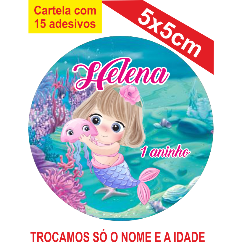 2 Cartelas de Adesivos (30 unidades) Personalizados Sereia 5x5cm Festa Aniversário Lembrancinha