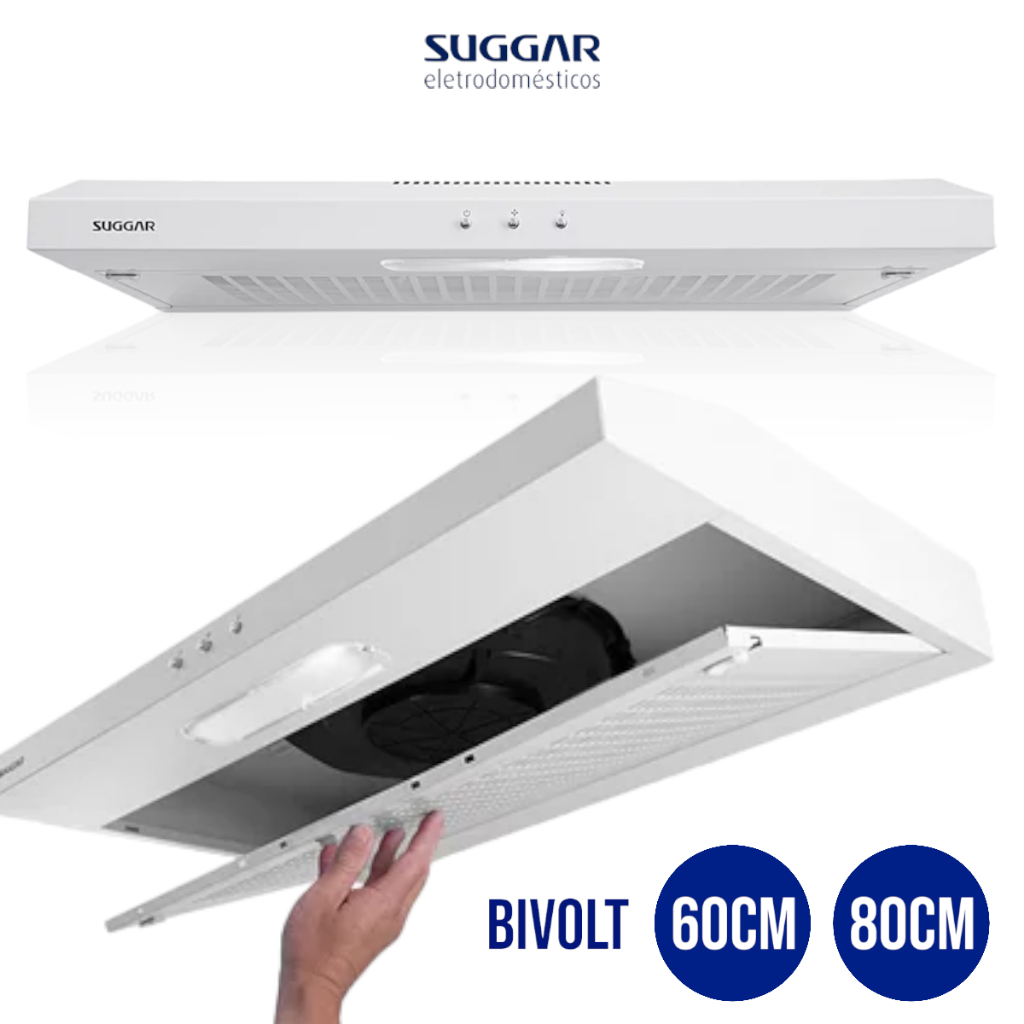 Depurador de Ar Suggar Slim Cozinha Branco com Manta DPS160BIBR(60cm) / DPS180BIBR(80cm) 165W Função Coifa 1 Velocidade Lampada Tela Aluminio Bivolt (110v e 220v)