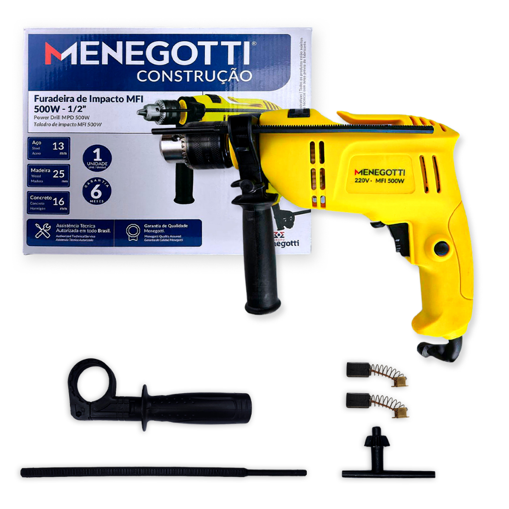 Furadeira de Impacto Menegotti MFI 500W/750W 13 mm 127V/220V (1/2″) Impacto e Reversível 3000RPM