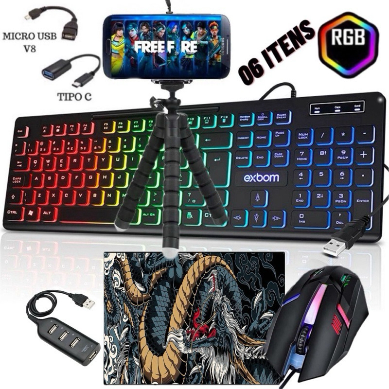 Kit Mobilador Completo 6 Peças Teclado Mouse Gamer Rgb Mouse Pad Hub Tripe Otg Micro e Tipo c