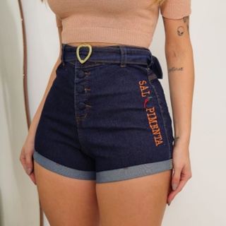 Short Jeans Feminino  Cintura Alta Botão Encapado Lycra cinto em Oferta na Shopee