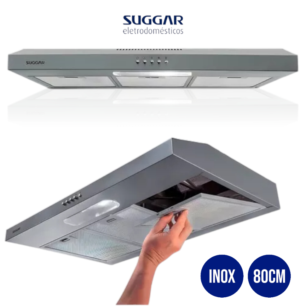 Depurador de Ar Suggar 80cm de Cozinha DPS181IX Slim 110v Inox 3 Velocidades Lampada Tela Alumínio Função Coifa 127v