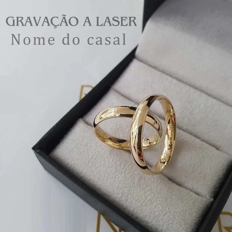 Gravado Nome a Laser | Par Aliança 4mm Banhada a Ouro 18k + Caixinha | Casamento | Noivado | Compromisso | Namoro