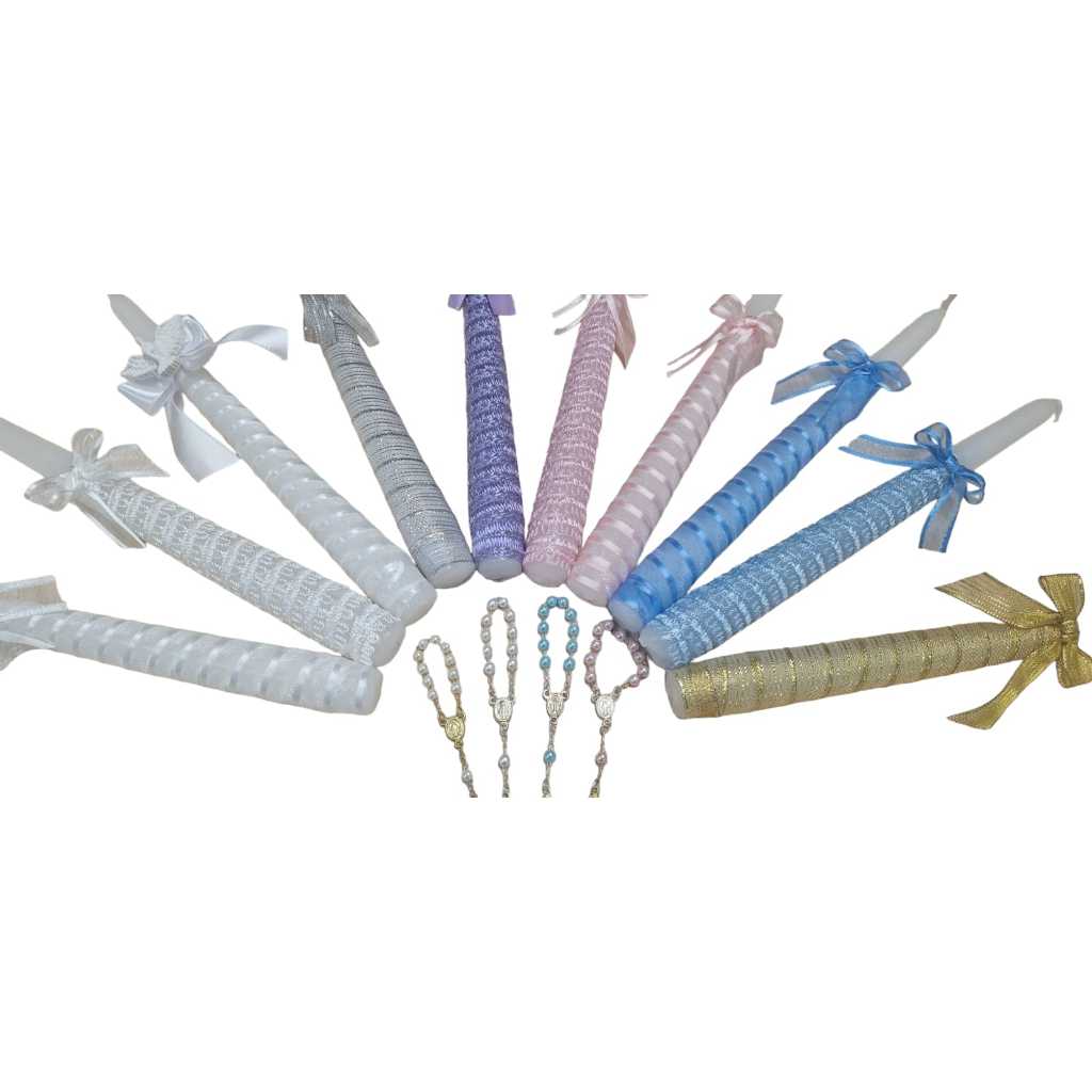 Kit 1 Vela Decorada Para Batizado e Mini Terço Colorido em Oferta na Shopee