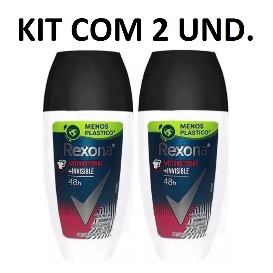 KIT COM 2 Desodorante Roll On Antitranspirante Rexona Men Antibacterial + Invisible 48h 50ml