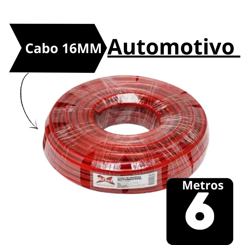 Cabo Fio Força De Bateria 16mm Som Automotivo Rolo 6 Metros