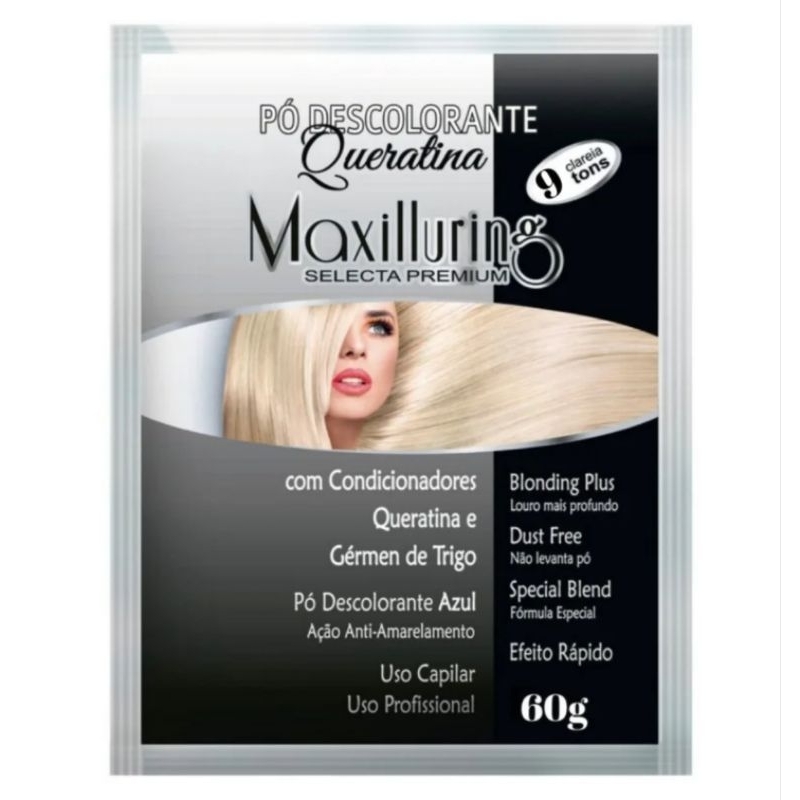Pó Descolorante Queratina Azul Maxilluring 60g, Linha Profissional.