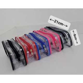 ESTOJO  TRANSPARENTE COM FRISO COLORIDO COM 1REPARTIÇÃO  PARA ESCOLA E MAQUIAGEM em Oferta na Shopee