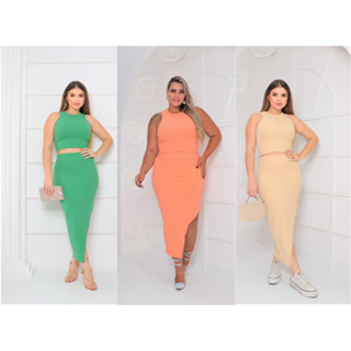 Conjunto Feminino Luxo Cropped Alongado e Saia Midi Fenda