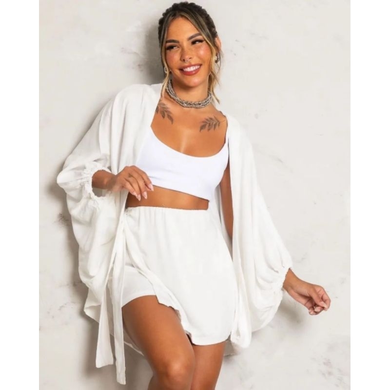 Conjunto kimono Shorts saia +Kimono femenino Blogueira Max Camisa cardigã em Oferta na Shopee