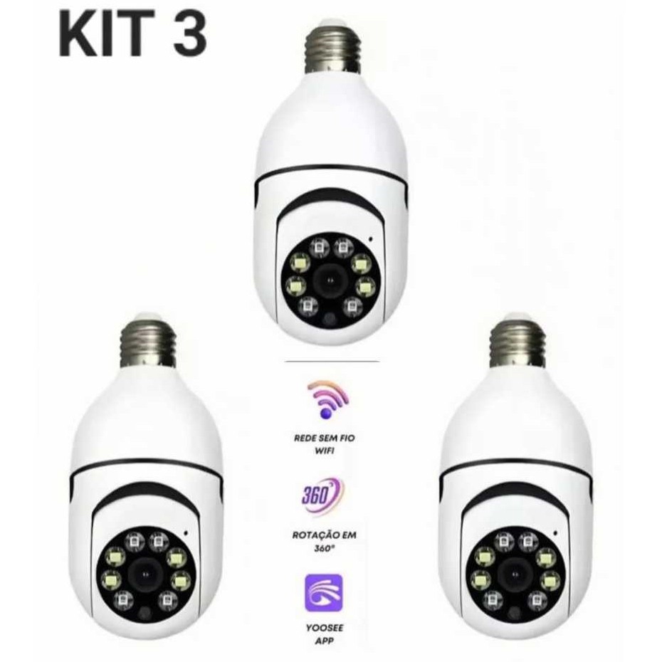 kit 3 câmera segurança wi-fi ip sem fio 360 encaixe lampada aplicativo yoosee ptz full HD visão not