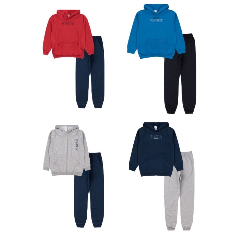 Conjuntos masculino juvenil moletom blusão capuz e bolso canguru bordado, calça moletom