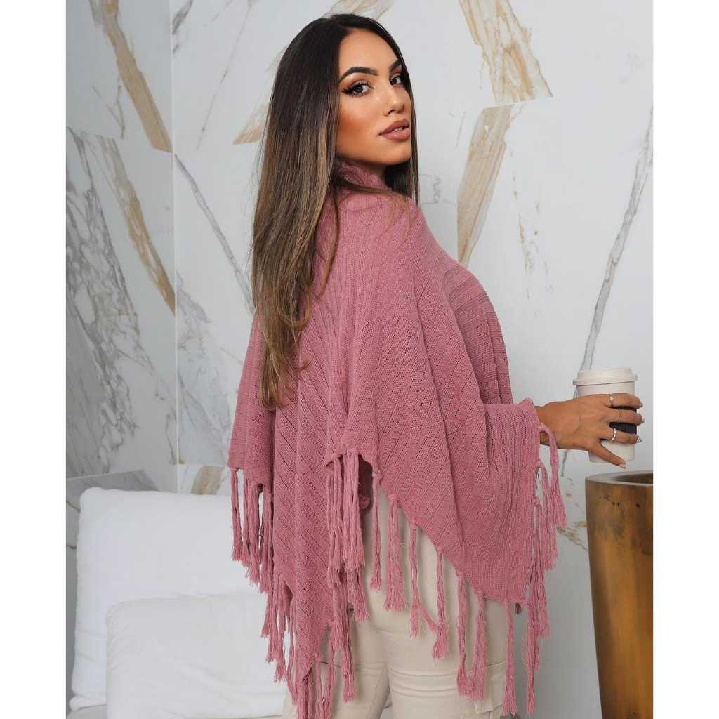 Poncho Casaco Blusa De Frio Gola AltaTricot  Franja Tendência