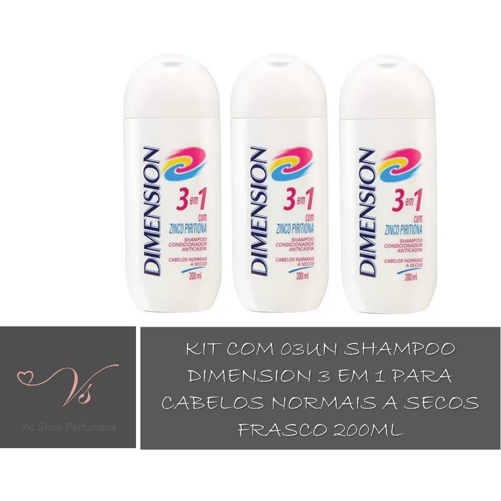 Kit com 03un Shampoo Dimension 3 Em 1 Para Cabelos Normais A Secos Frasco 200ml