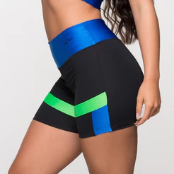 Short Fitness Feminino Bermuda Academia Poliamida Preta com Detalhe Verde e Azul Caribe