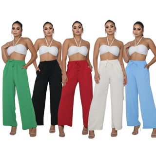 Calça Pantalona Moda Blogueira Feminina Com Bolso Cintura Alta Tecido Duna