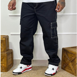 Calça Cargo Masculina Com Bolso Larga Jeans Streetwear Preto Com Linha Branca Envio Imediato em Oferta na Shopee