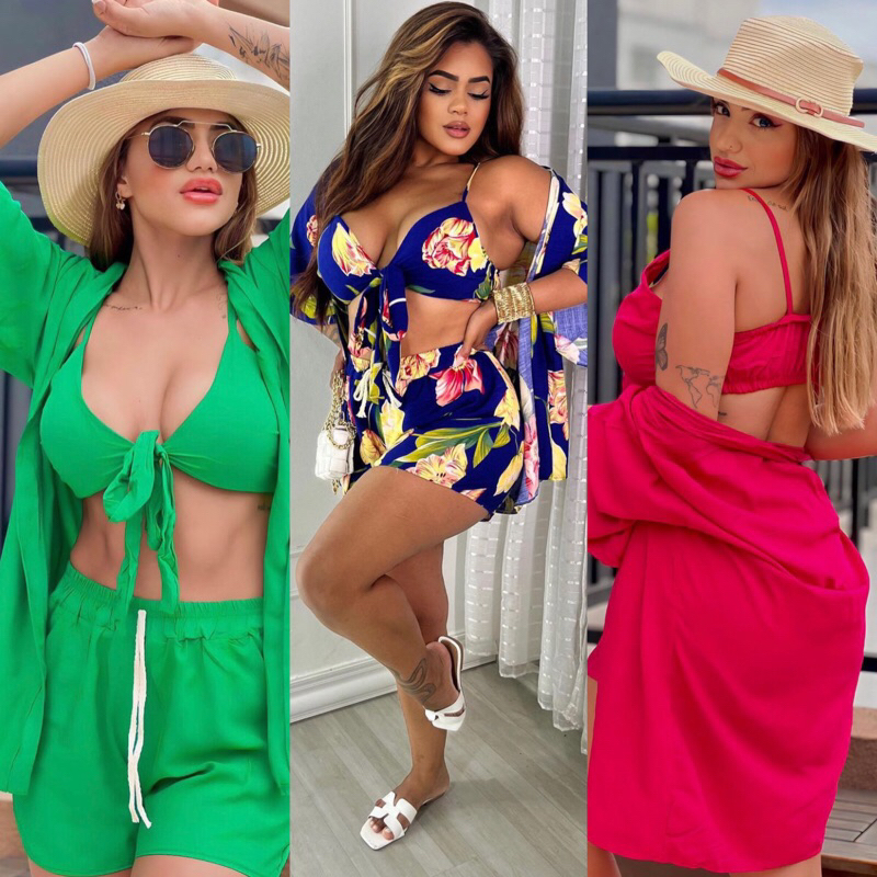 Conjunto Feminina 3 Peças (kimono+short+cropped) Estampas Florais Conjunto 3 Peças Kimono + Short + Top Saida De Praia