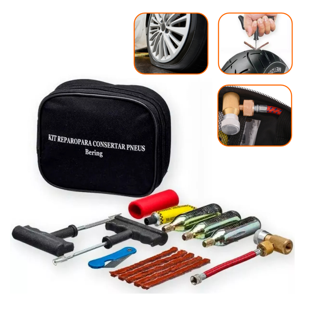 Kit Reparo Conserto Furo Pneu sem Câmara Premium com Cilindro Co2 Completo para Viagem (14 peças) em Oferta na Shopee